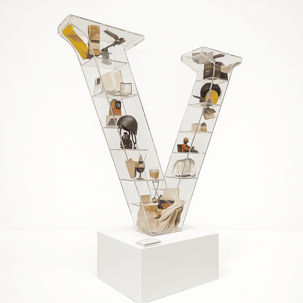 Het V-monument. Een grote transparante, driedimensionale V bedoeld om te vullen met herinneringen aan de Tweede Wereldoorlog.