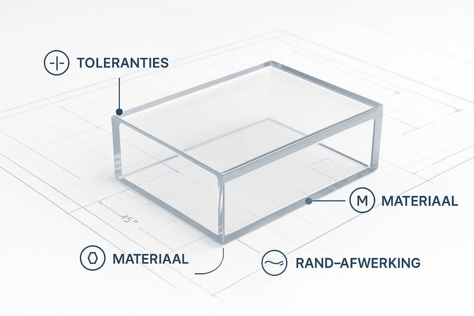 Maakbaarheidscheck plexiglas: materiaal, toleranties en randafwerking gemarkeerd.